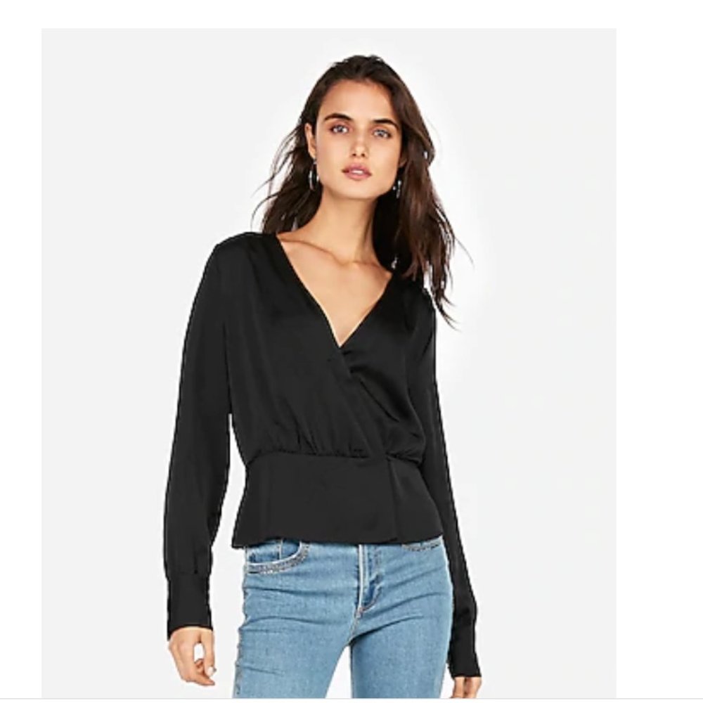 Express Black Surplice Wrap Front Blouse